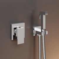 Гигиенический душ со смесителем CUBIC, с шланговым подсоединением и держателем для душа (в комплекте со встраиваемой частью), хром, LUX-CUBIC-CR